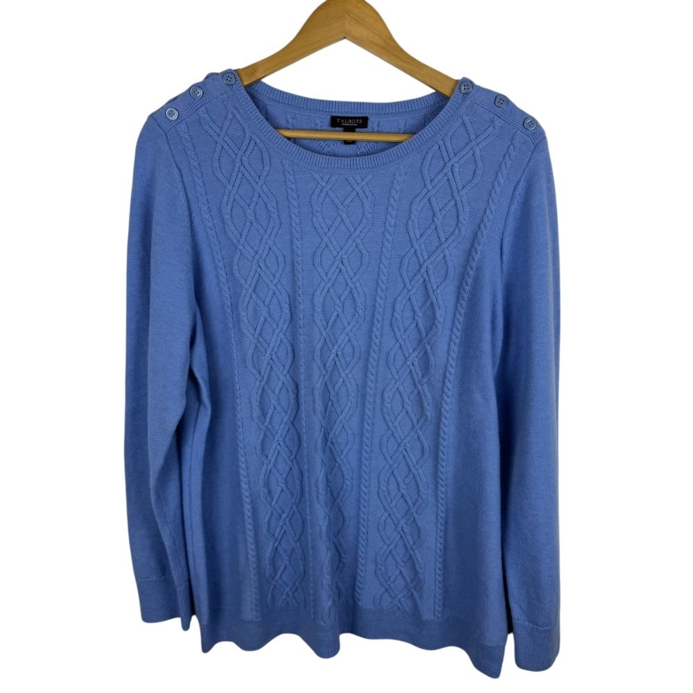 Talbots Cable Knit Sweater Sz 2XP Button Shoulder Long‎ Sleeve Lambswool Blue